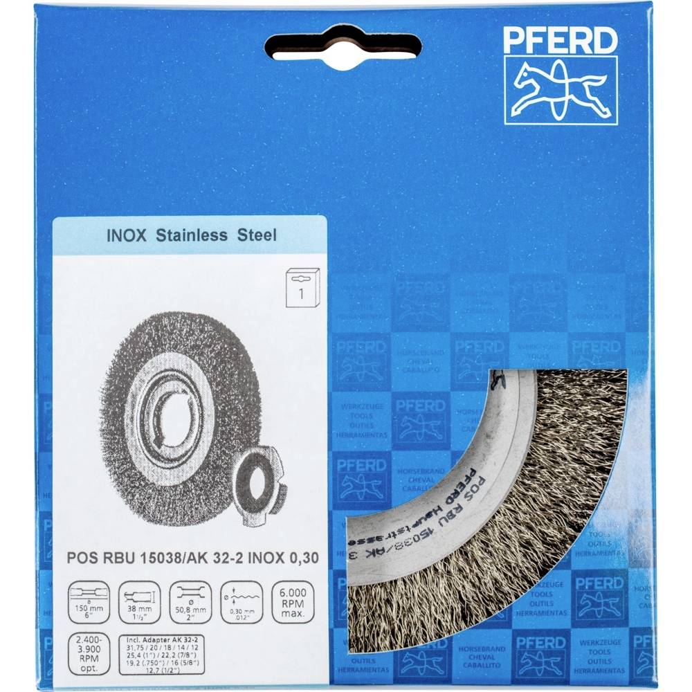 Verpackung einer Edelstahl-Rundbürste von PFERD. Zeigt Bild und Details der Bürste mit Modellnummer POS RBU 15038/AK 32-2 INOX 0,30.