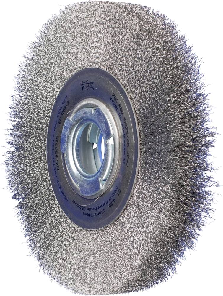 Drahtbürstenscheibe mit Metallborsten und blauem Mittelteil zur Reinigung oder Entgratung von Oberflächen.