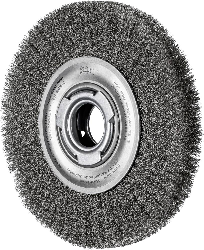 Runde Drahtbürste mit Metallkern und dichten, starren Borsten; geeignet für Metalloberflächenreinigung und Rostentfernung.
