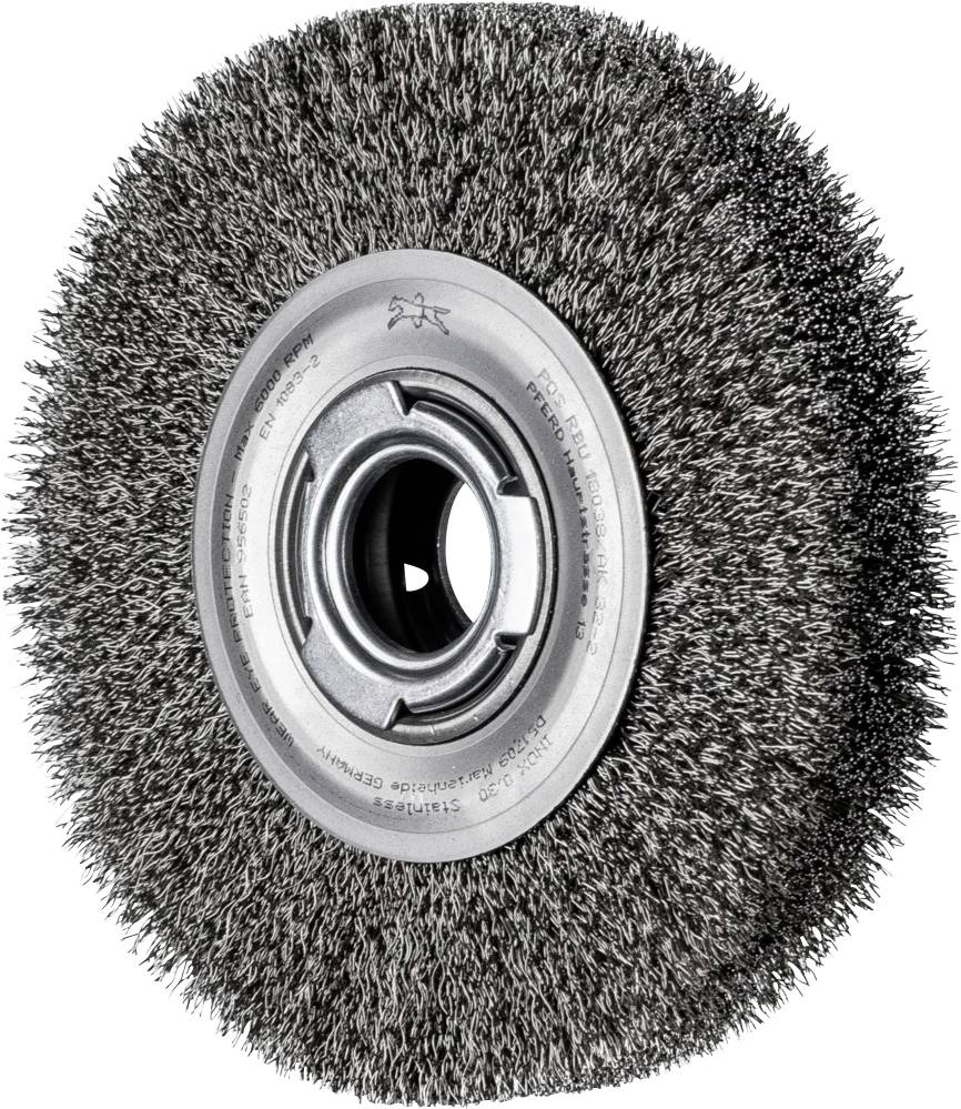 Stahlbürste mit Metallborsten und zentraler Metallfassung. Sie wird zum Entrosten, Reinigen und Entfernen von Beschichtungen verwendet.
