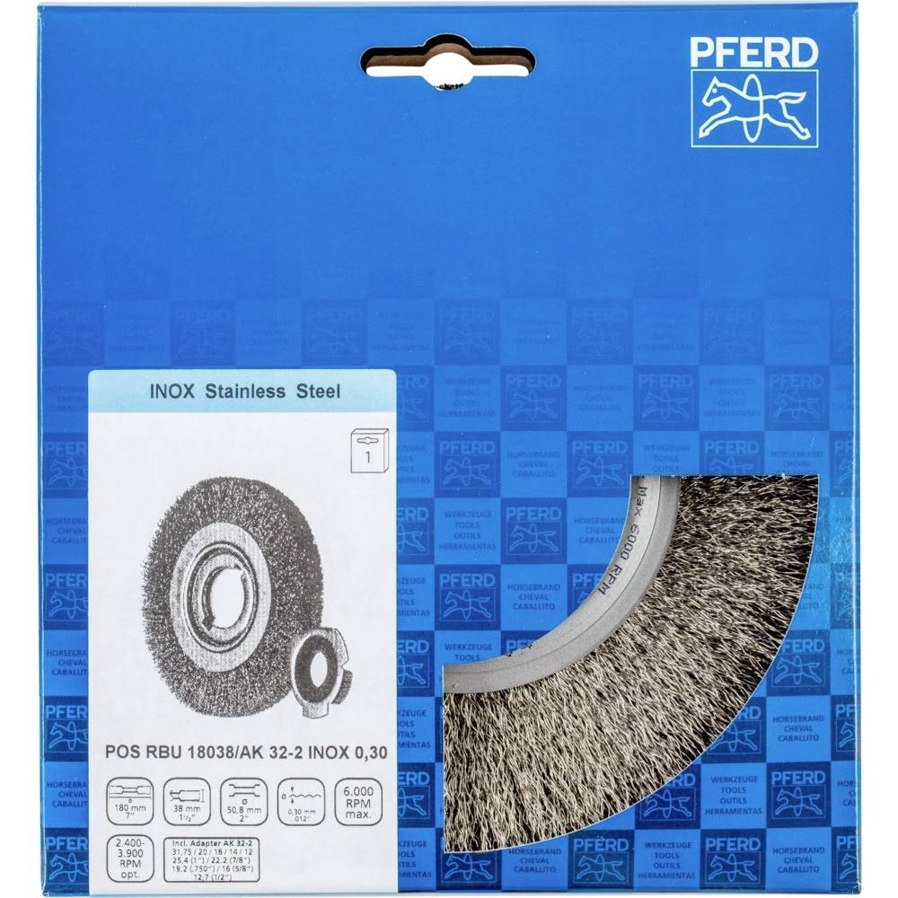 Verpackung einer INOX-Edelstahlbürste, Marke PFERD. Zeigt Rundbürste, technische Details und Einsatzbereiche.