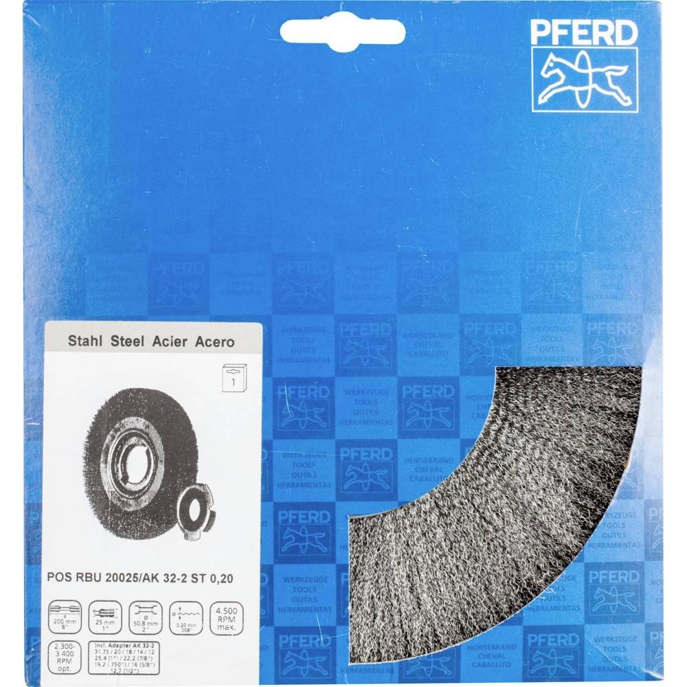 Verpackung einer Schleifscheibe der Marke Pferd mit Foto der Scheibe. Text auf der Verpackung: 'Stahl Steel Acier Acero'.