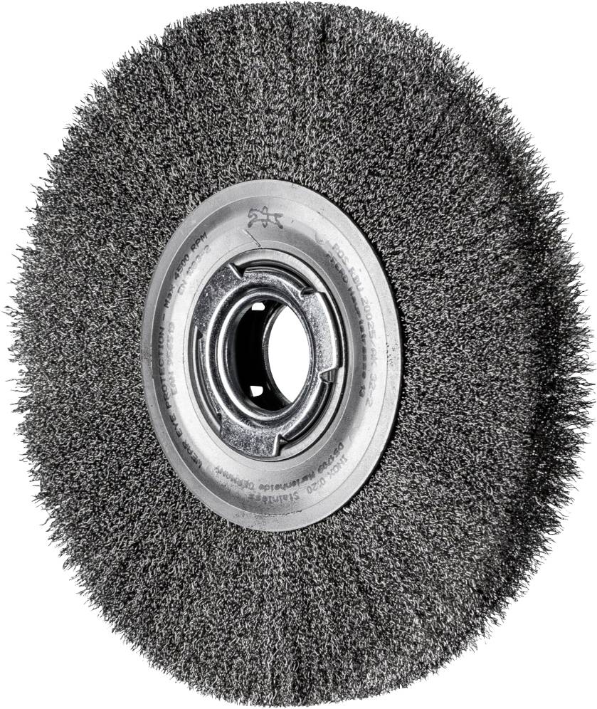 Runde Stahl-Drahtbürste mit Metallkern, geeignet für das Entfernen von Rost oder Farbe von Oberflächen.