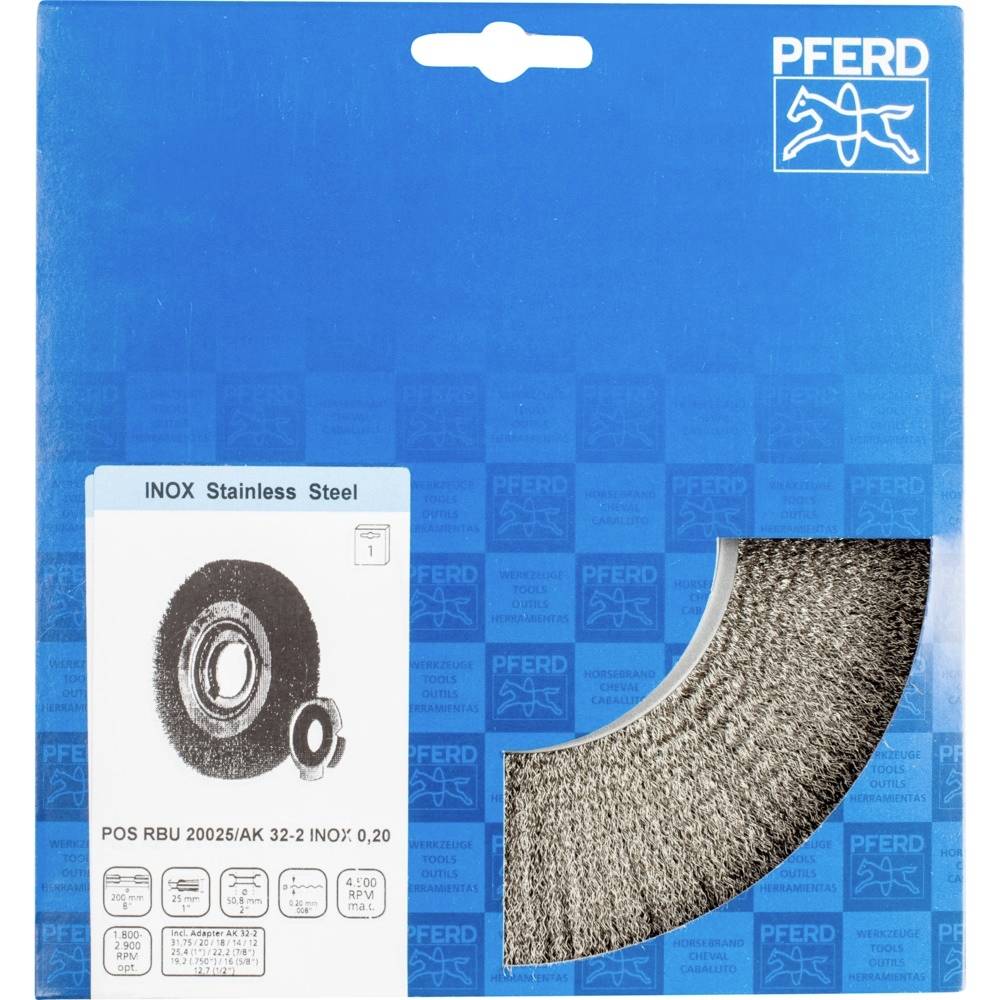 Verpackung mit einer Edelstahl-Bürstenscheibe von PFERD, geeignet für Oberflächenbearbeitung, abgebildet auf blauem Hintergrund.