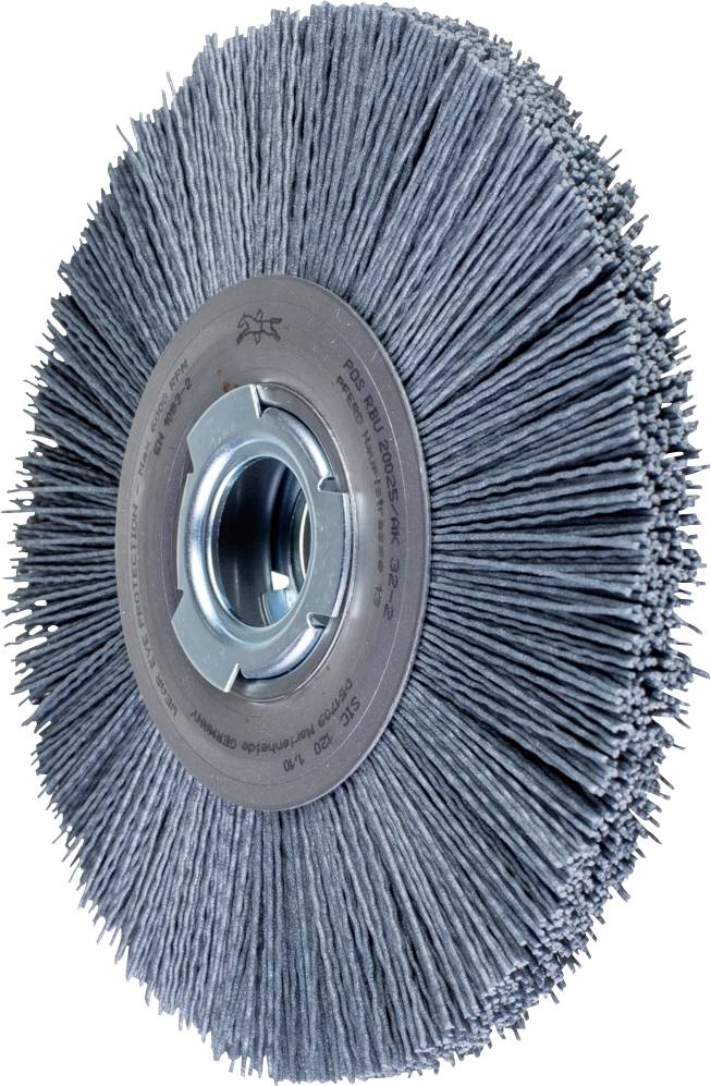 Runde Metallbürste mit Borsten für Reinigung oder Schleifen, mittig Metallkern mit Loch zum Befestigen an Werkzeugmaschinen.