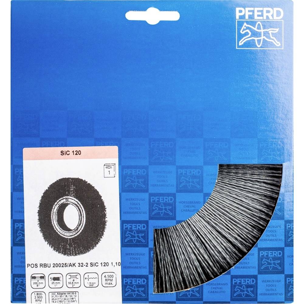 'PFERD RBU 20025' Schleifbürste in blauer Verpackung, SIC 120, 5000 U/min. Eignung: Edelstahl und Metallbearbeitung.