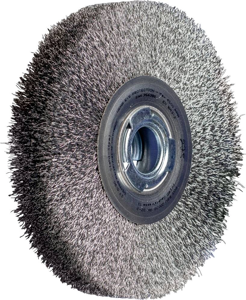 Metallscheibenbürste mit dichten Drahtborsten, geeignet für kraftvolles Entfernen von Rost und Farbe, im Profilansicht.