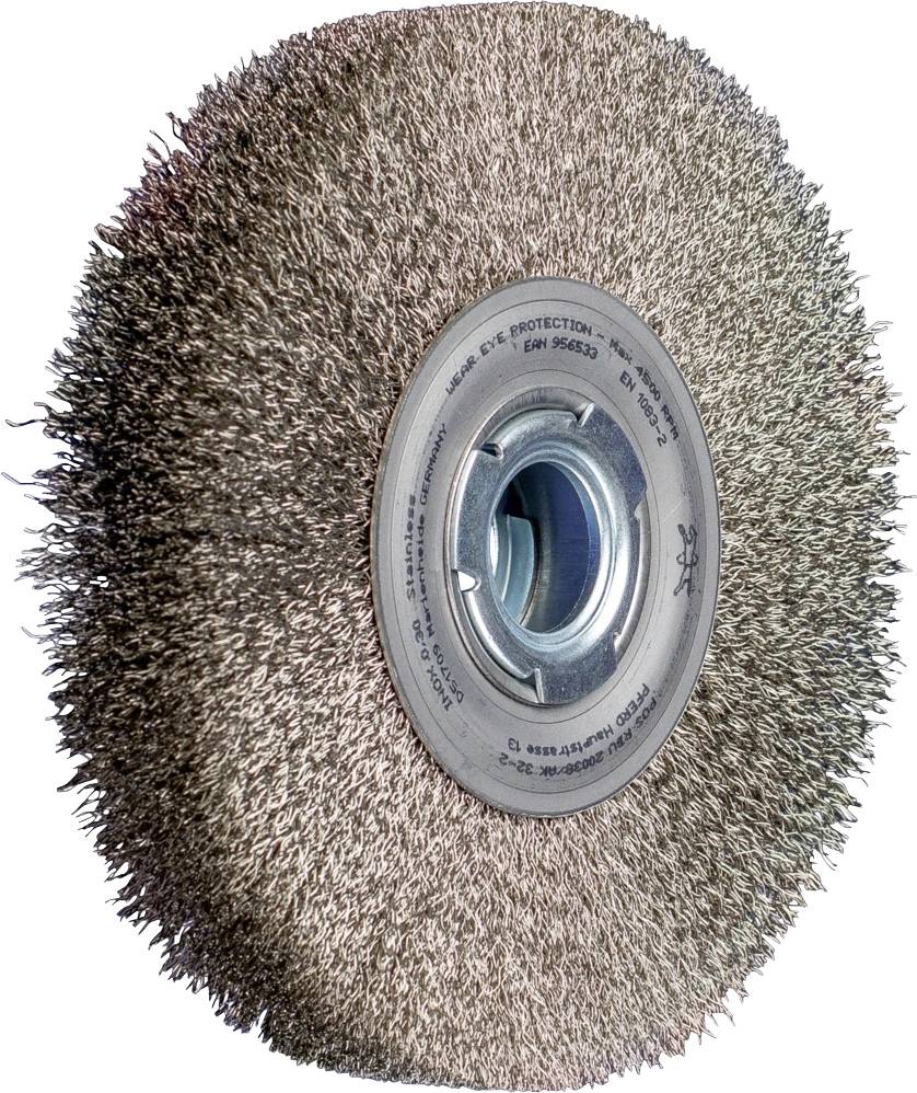 Runde Drahtbürste mit Metallschaft und dichten Borsten, geeignet zum Entfernen von Rost oder Lacken auf Metalloberflächen.