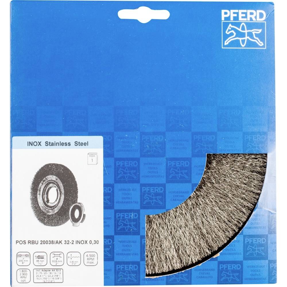 'PFERD INOX Stainless Steel' Bürstenset in blauem Karton mit zwei Drahtbürsten abgebildet. Enthält Spezifikationen für POS RBU 20038.