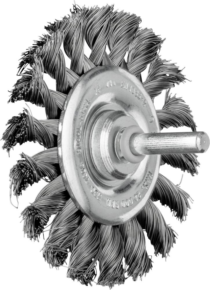 Drahtbürste mit spiralförmigen Borsten und Metallgriff, verwendet zur Reinigung von Oberflächen oder zum Entfernen von Rost.