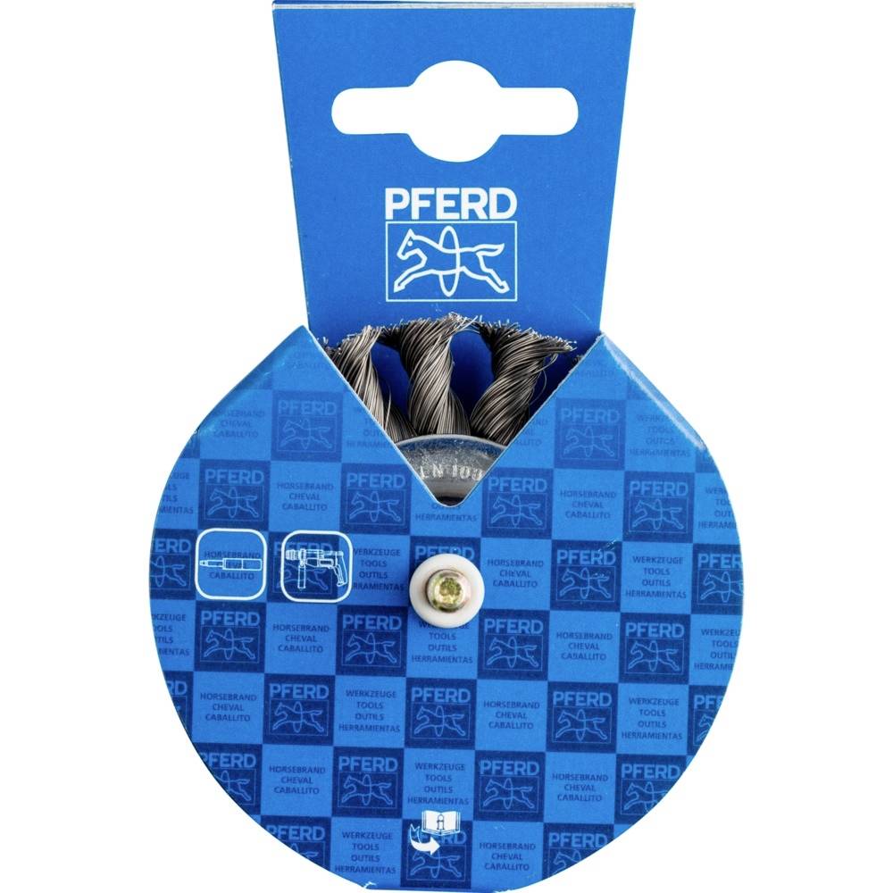 Verpackung für die Marke 'PFERD' in Blau, zeigt Stahlbürste. Oberer Teil mit Markenlogo. Geeignet für Heimwerker oder professionelle Anwendungen.