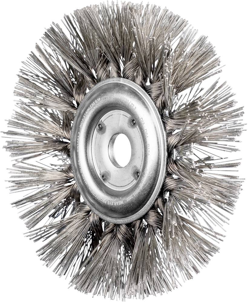Eine runde Drahtbürste mit Metallborsten und einer Zentralscheibe zur Anbringung an Werkzeugmaschinen.