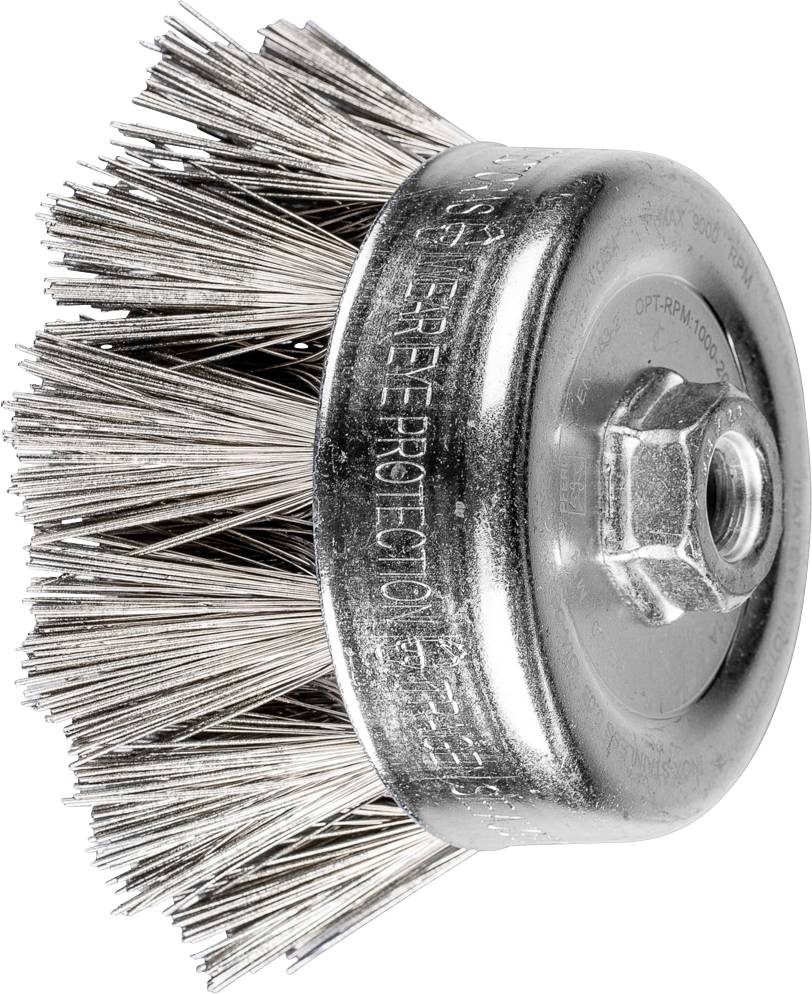 Metallbürstenaufsatz mit dichten Borstenbündeln, geeignet zur Reinigung oder Entfernung von Rost auf Metalloberflächen.