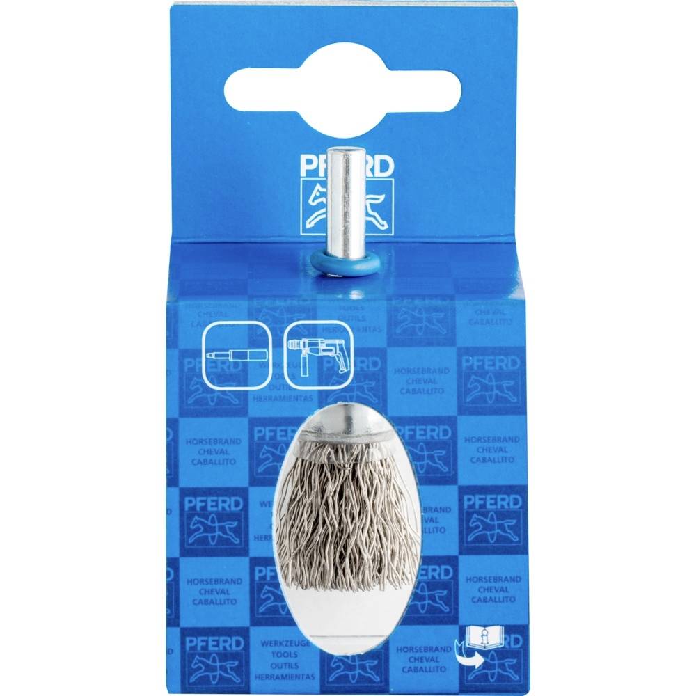 'Pferd' Drahtborstebürstenkopf in blauer Verpackung. Wird zum Entgraten und Reinigen von Metalloberflächen verwendet.