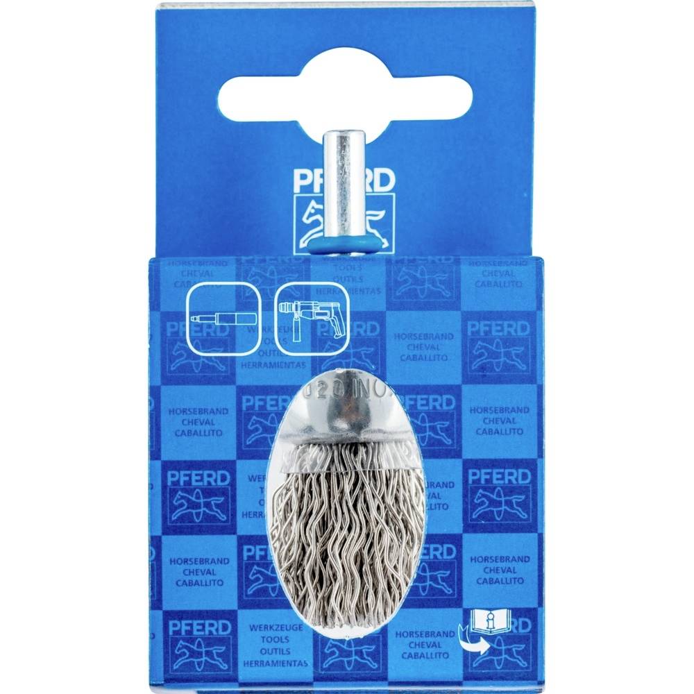 Eine Schleifbürste mit Drahtborsten in einer blauen Verpackung der Marke PFERD. Die Verpackung zeigt die Produktform und das Logo der Marke.