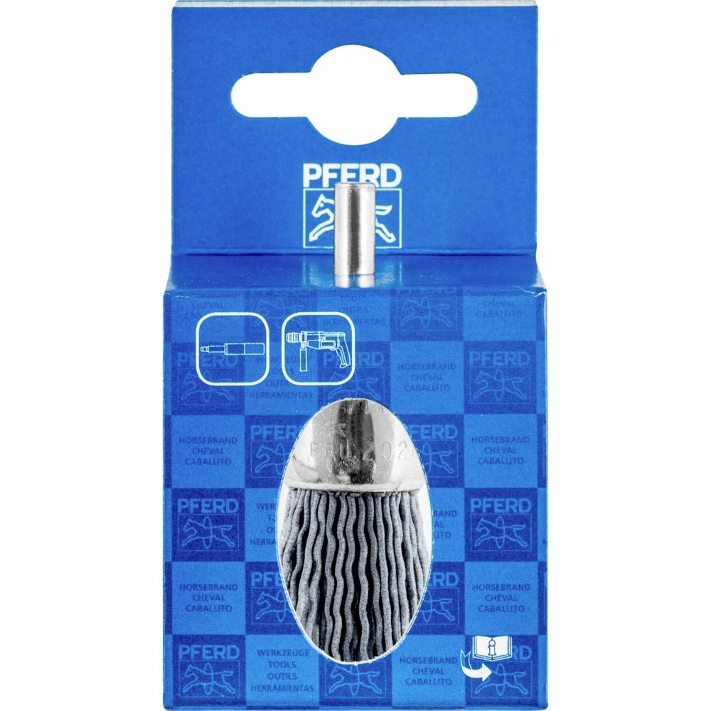 PFERD Schleifwerkzeug in blauer Verpackung. Box zeigt Werkzeugsymbol und Logo. Großes ovales Bild des Schleifkopfs im unteren Bereich.