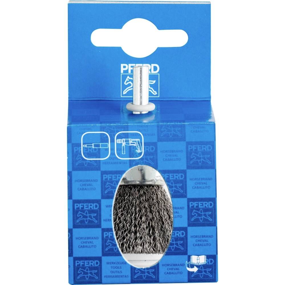 Bürstwerkzeug in blauer Verpackung mit Sichtfenster, zeigt Metallbürste. Marke: PFERD