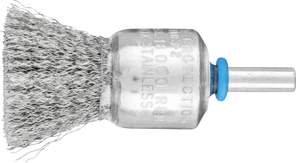 Drahtbürste mit silbernem Griff und blauen Ring, Borsten aus Edelstahl, seitliche Ansicht.