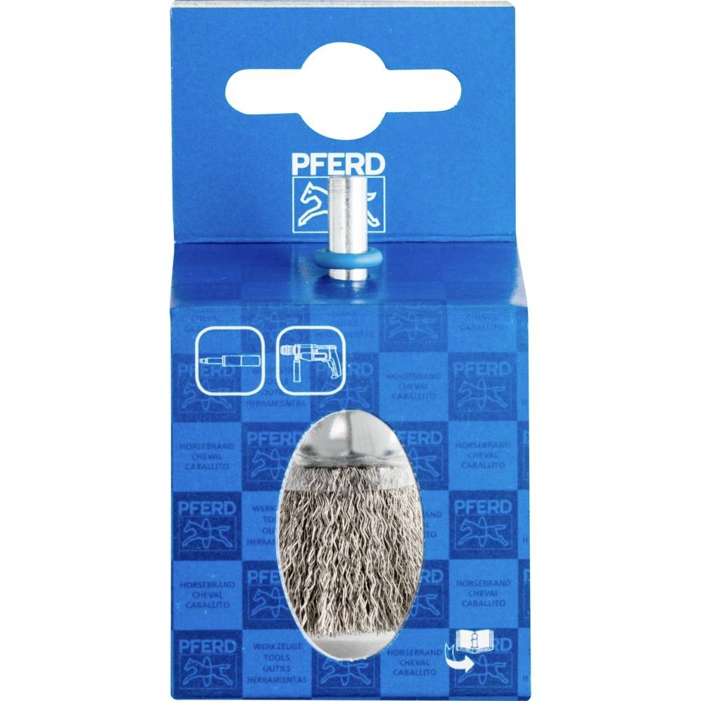 Das Bild zeigt eine PFERD Drahtbürste in ihrer blauen Verpackung, passend für den Einsatz in Bohrmaschinen zur Oberflächenbearbeitung.