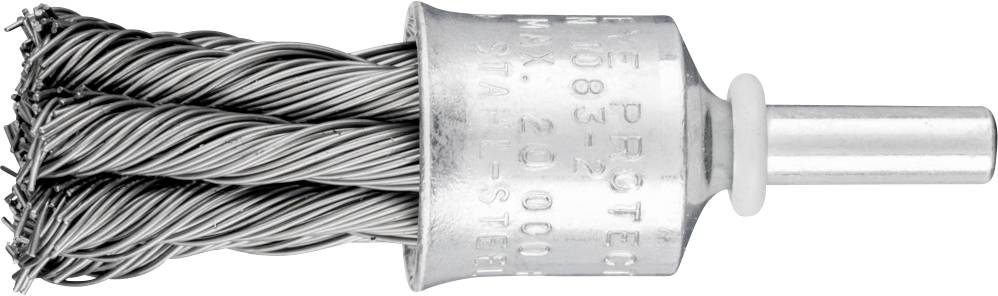Drahtbürstenaufsatz mit verdrillten Borsten, geeignet zum Reinigen und Entgraten von Metalloberflächen. Silberfarben, zylindrische Form.