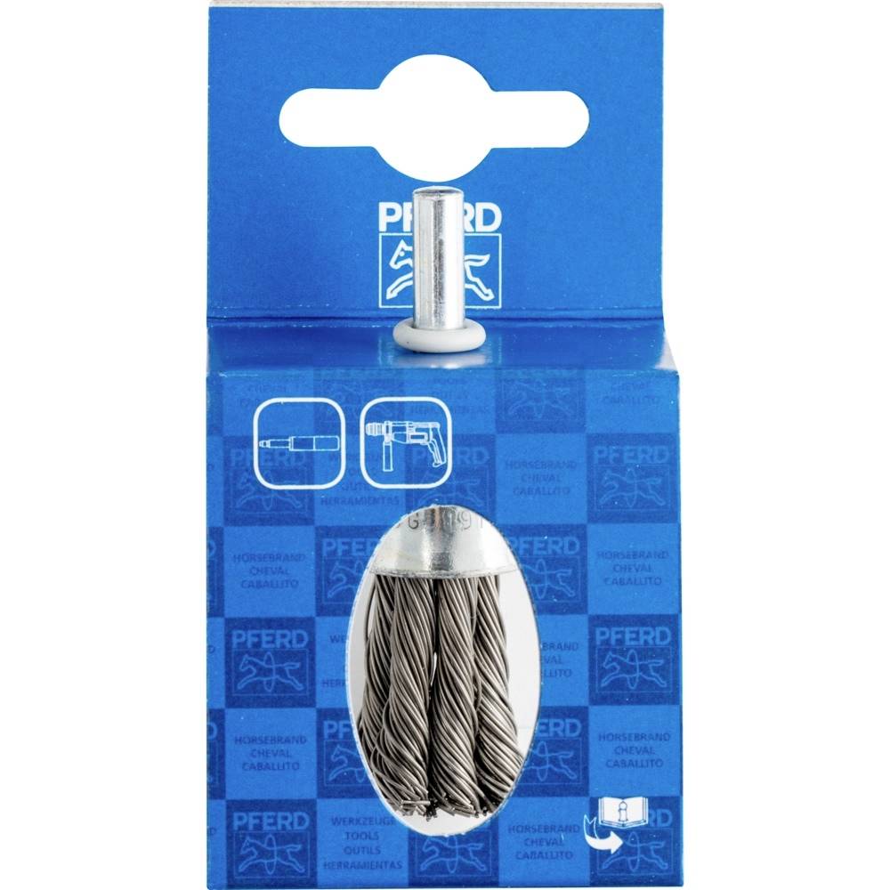 Verpackung einer Rundbürste mit Kunststoffkörper und Stahlborsten, geeignet für professionelle Anwendungen; Marke 'Pferd'.