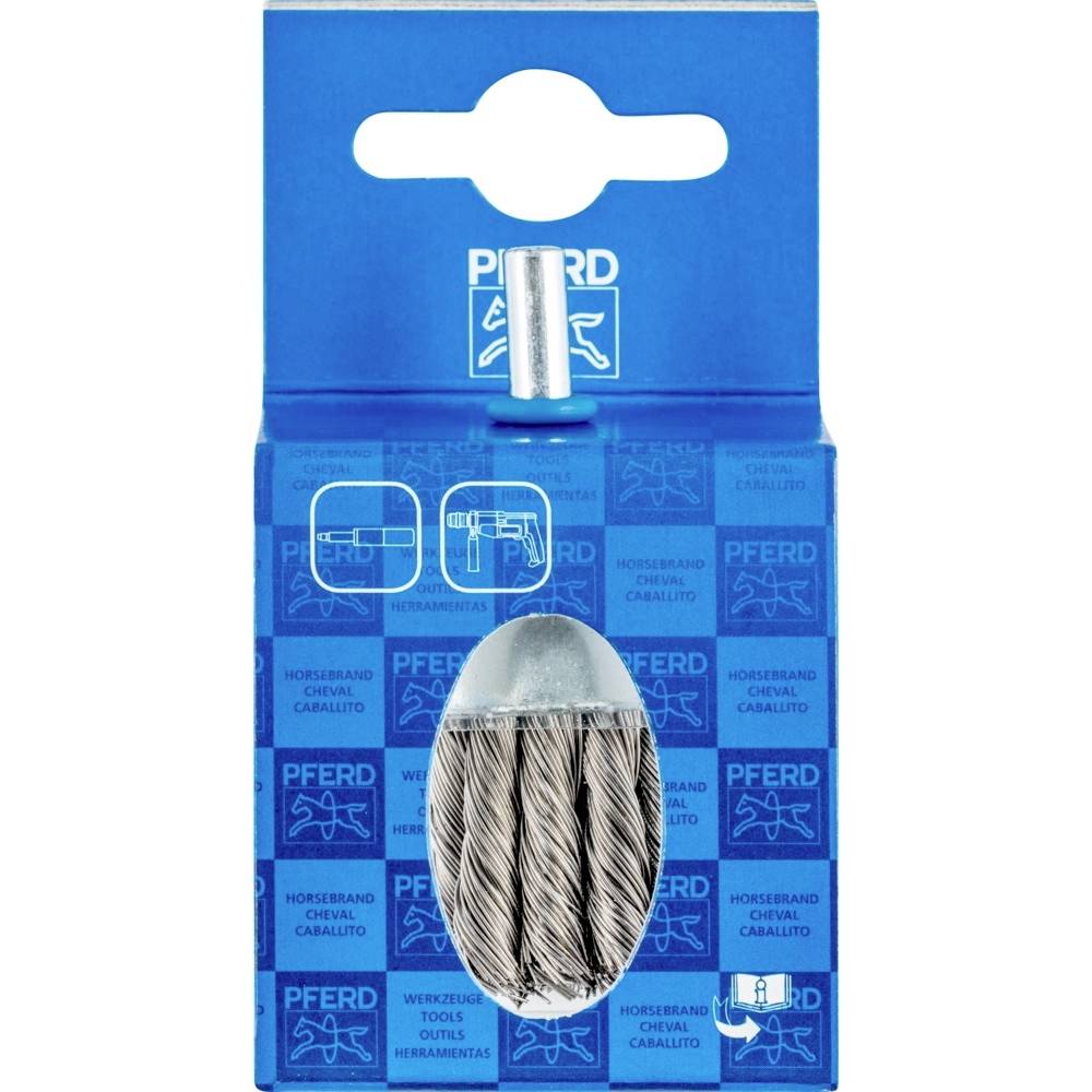 Eine blaue Verpackung mit einer Pinselbürste von der Marke 'PFERD', geeignet für Bohrmaschinen zur Metallbearbeitung.