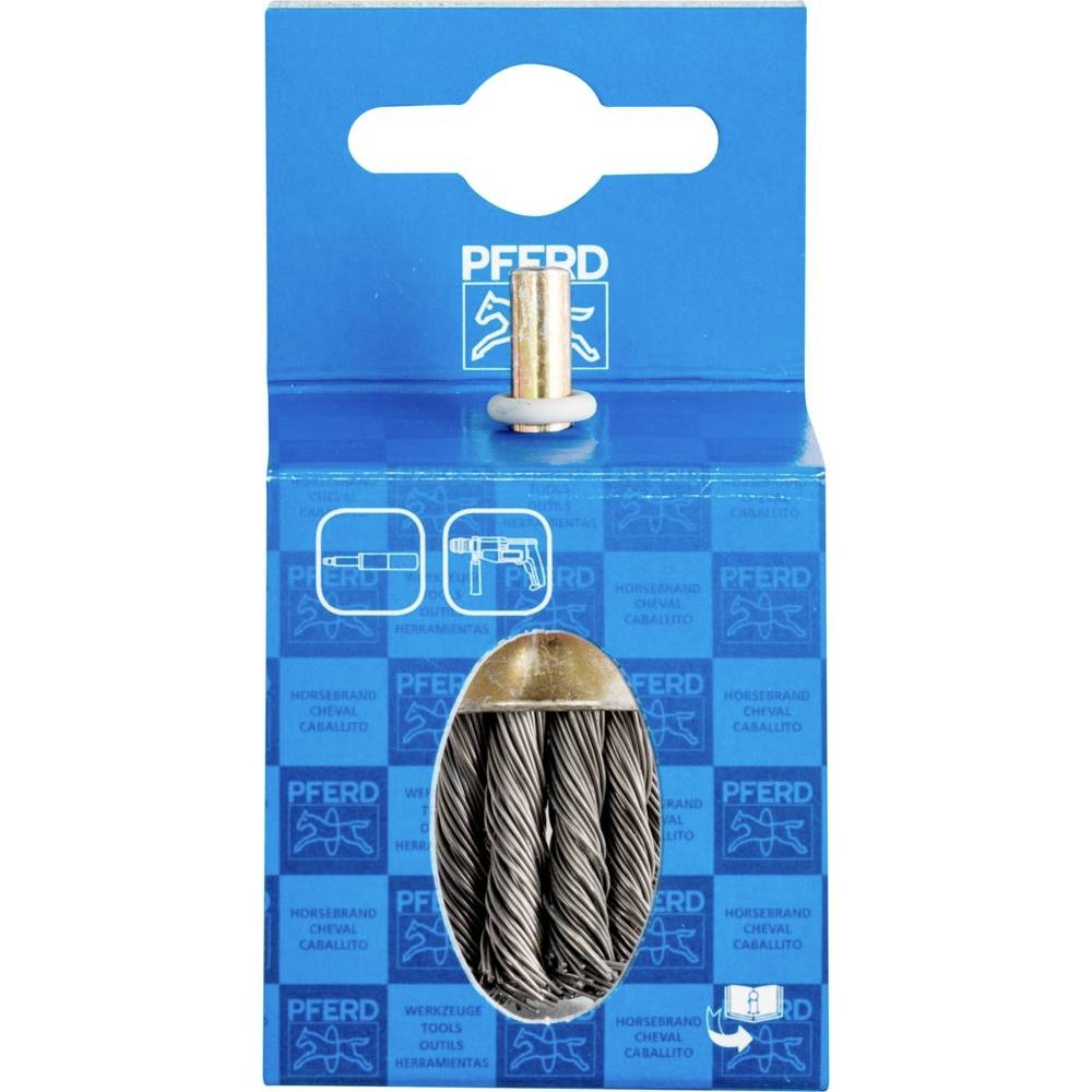 Eine blaue Verpackung mit einem rundem Metallwerkzeug. Die Verpackung zeigt das Logo von 'Pferd' und enthält eine Hartmetallfräse.