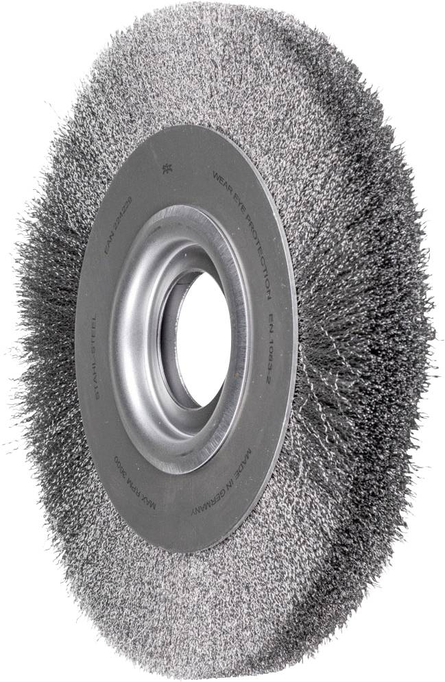 Schleifscheibe mit Metallborsten, seitlich fotografiert; geeignet für die Reinigung oder das Entfernen von Rost auf Metalloberflächen.