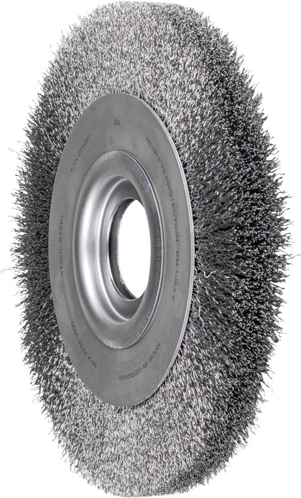 Kreisrunde Drahtbürste mit dichtem Metallborstenbesatz, geeignet für die Reinigung von Oberflächen und Entfernen von Rost.