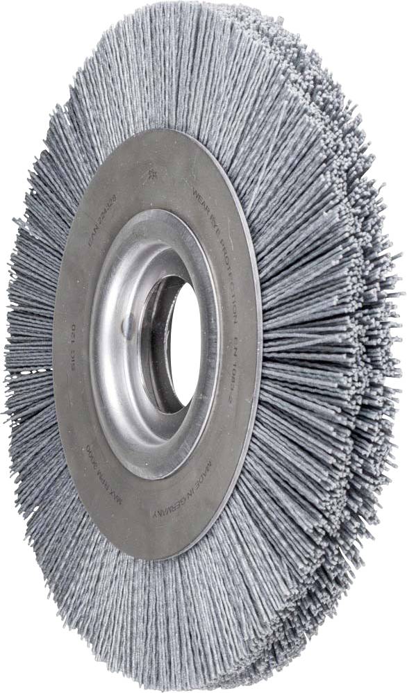 Rundbürste mit dichten Metallborsten, geeignet für Schleif- und Reinigungsarbeiten auf Metalloberflächen.