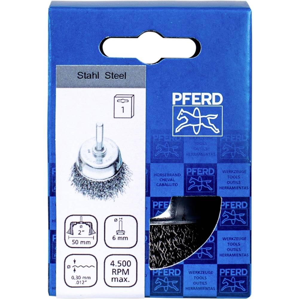 Verpackung einer Stahlbürste der Marke Pferd. Details: 50 mm Durchmesser, 6 mm Schaft, maximale Drehzahl 4.500 RPM.