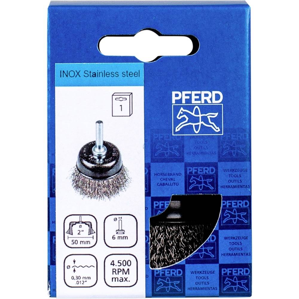 Die Verpackung zeigt eine Rundbürste aus rostfreiem Stahl für Bohrmaschinen. Details: Durchmesser 50 mm, max. 4500 U/min.