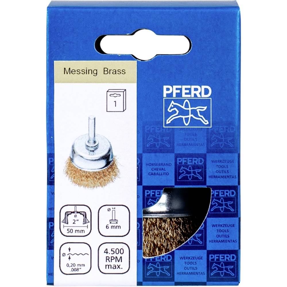 Blaue Verpackung für eine Messingbürste. Abgebildet sind Produktdetails: Durchmesser 50 mm, Schaft 6 mm, max. Drehzahl 4.500 U/min.