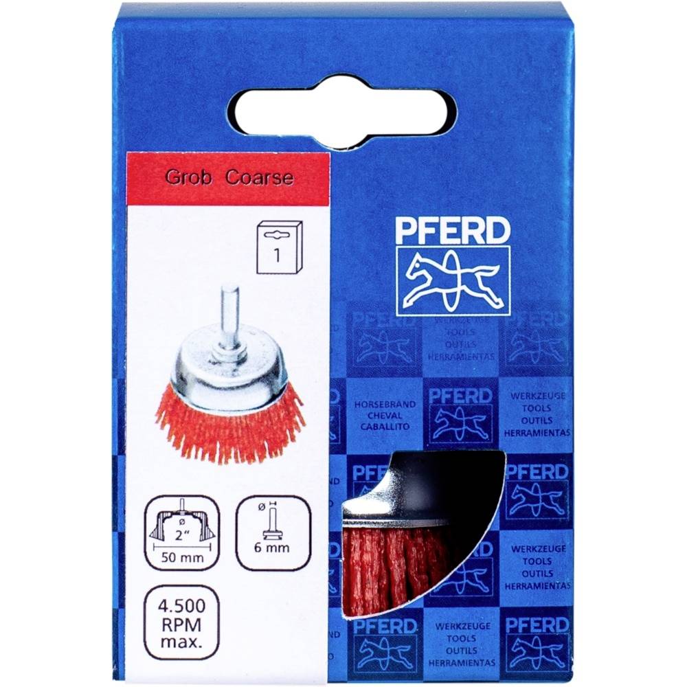 'PFERD' Verpackung mit einer roten, groben Rundbürste (50 mm Durchmesser, 6 mm Schaft), geeignet für maximal 4500 U/min.