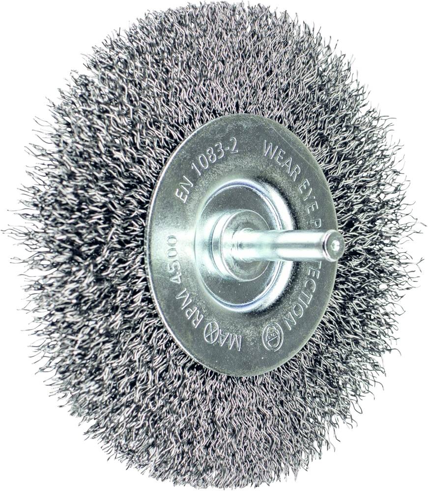 Runde Drahtbürste zum Entgraten und Reinigen von Oberflächen, mit metallischem Kern und dichten Borsten aus Metall.