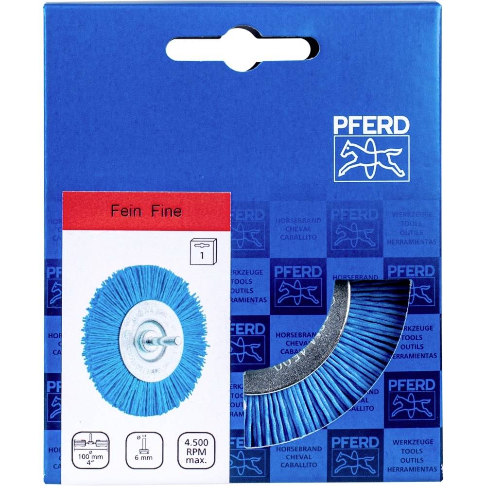 Verpackung einer blauen Schleifscheibe mit Produktabbildung und PFERD-Logo. Text: 'Fein'. Maximale Drehzahl: 4.500 RPM.