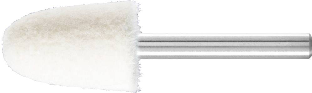 Ein weißer Polieraufsatz für ein Rotationswerkzeug mit Metallstab. Reinigt oder poliert Oberflächen, zylindrische Form.