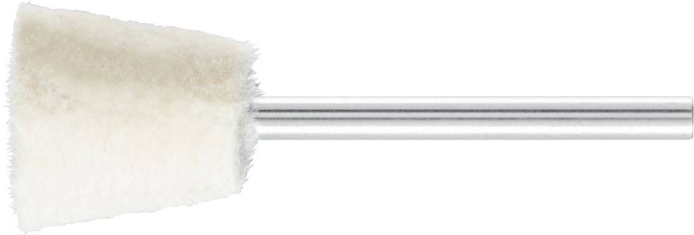 Polieraufsatz mit Metallstiel und weißem, konischem Polierkopf, verwendet für Metall- oder Schmuckpolitur.