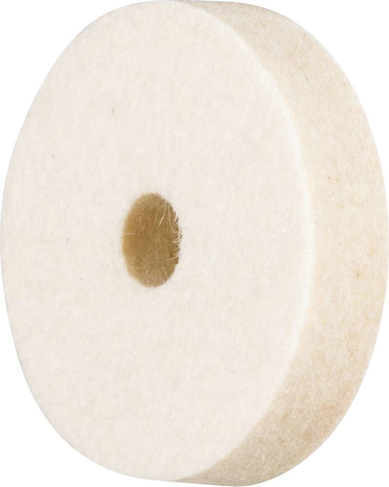 Weiße Filzscheibe mit einem zentralen Loch, seitlich aufgenommen.