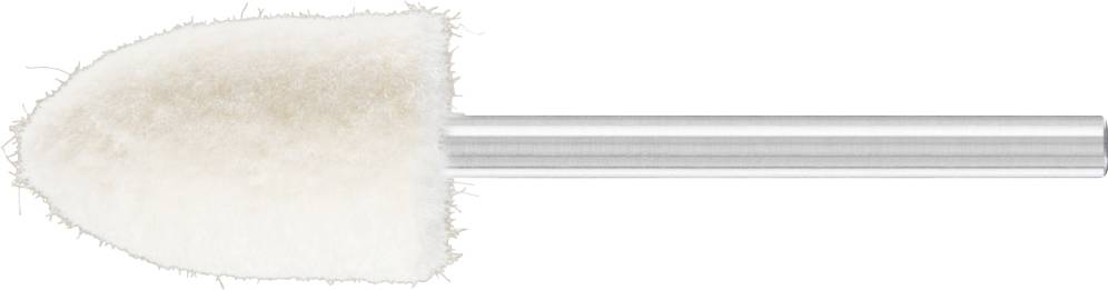 Ein zylinderförmiger Polieraufsatz mit weißem, flauschigem Material, geeignet zum Polieren von Oberflächen.