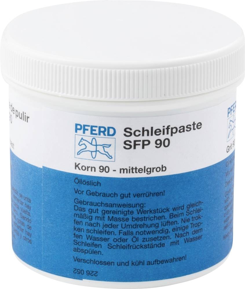 'Pferd Schleifpaste SFP 90' - Mittelgrobe Schleifpaste in weißem Kunststoffbehälter. Inhalts- und Anwendungshinweise auf dem Etikett.