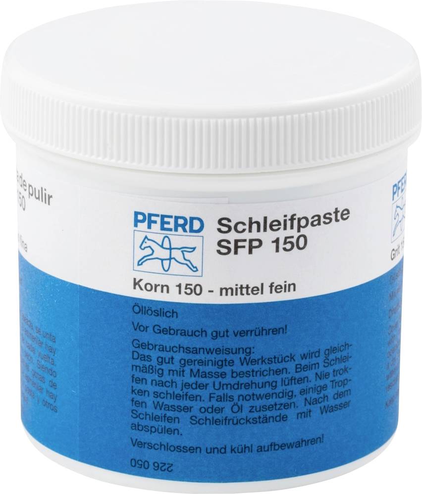 Behälter mit 'PFERD Schleifpaste SFP 150', Korn 150, mittlere Feinheit. Enthält Anwendungshinweise und technische Details auf dem Etikett.