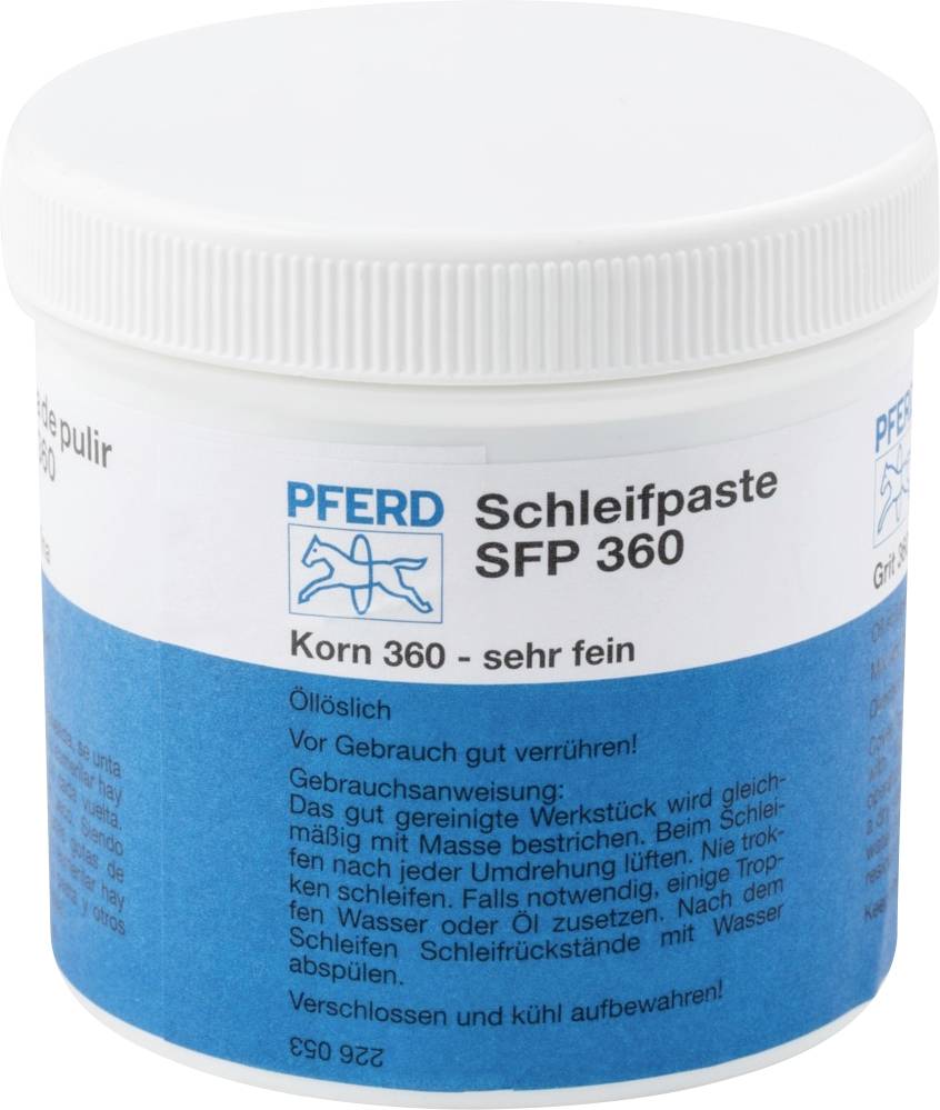 Ein weißer Behälter mit Etikett 'Schleifpaste SFP 360, Korn 360 - sehr fein'. Anleitung und Hinweise zur Anwendung und Lagerung.