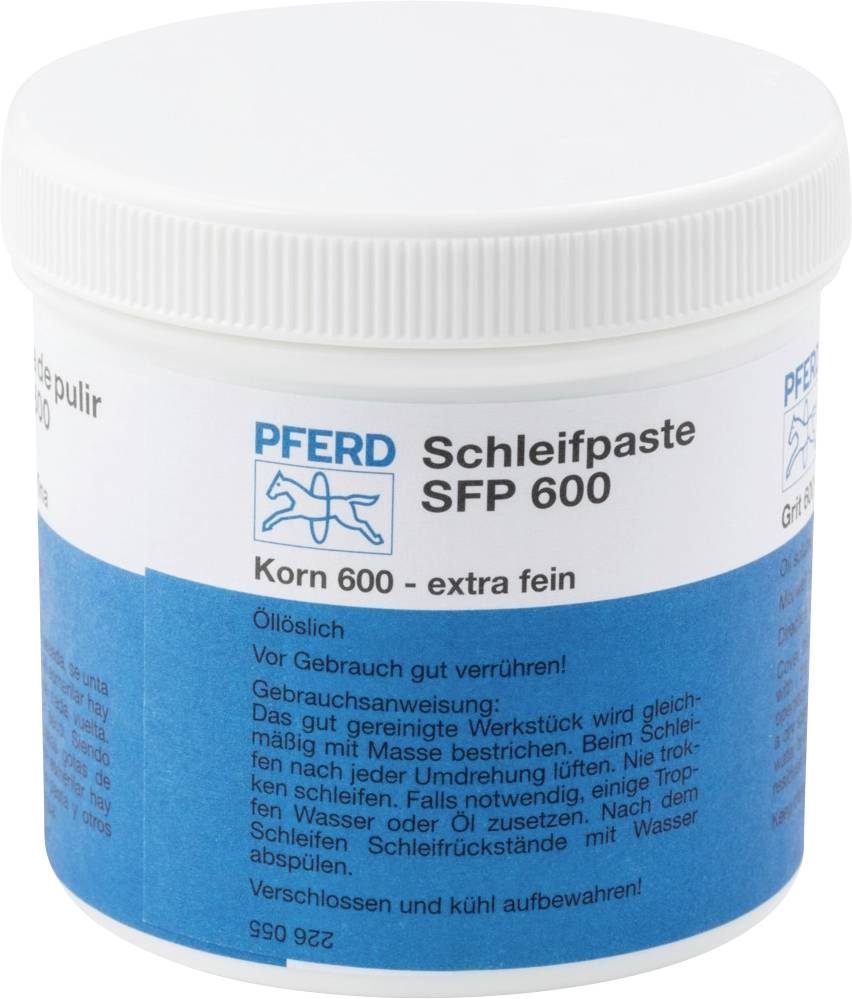 Behälter mit 'PFERD Schleifpaste SFP 600', Korn 600, extra fein. Ölbasierte Paste zur Metallbearbeitung. Anleitung auf Etikett.