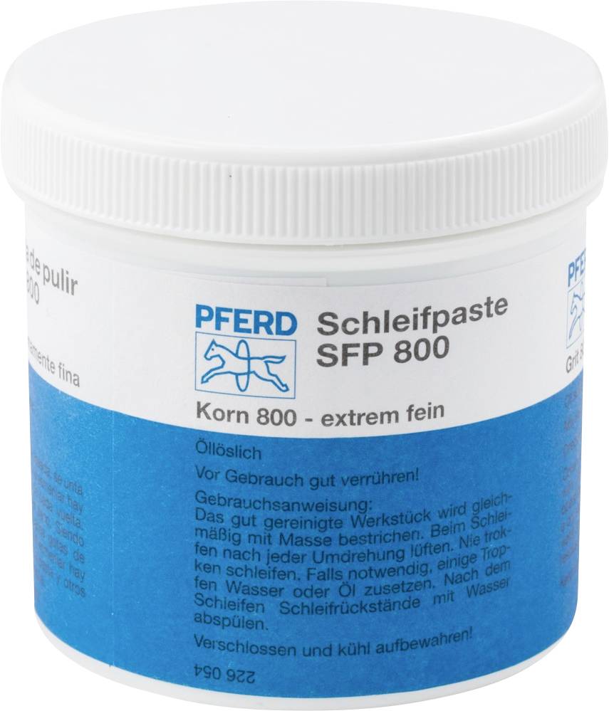 'Schleifpaste SFP 800' in blauer Dose, Korn 800, extrem fein, ölöslich. Mit Gebrauchs- und Sicherheitshinweisen auf der Verpackung.