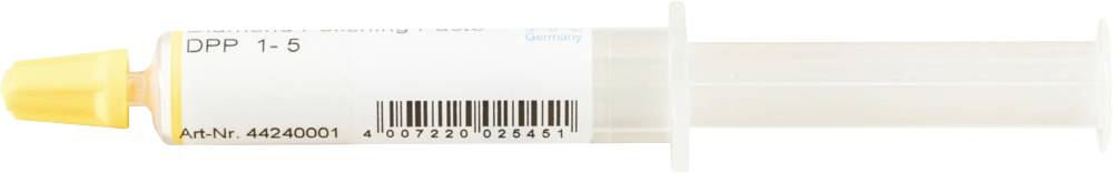 Ein Plastikspritze mit gelber Verschlusskappe und Etikett 'DPP 1-5'. Enthält Barcodes und Artikelnummer 4246001.