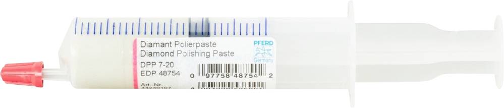 Spritze mit Diamantpolierpaste, beschriftet mit 'Diamant Polierpaste', zeigt Messskala und rote Kappe. Verwendet für Präzisionspolierung.