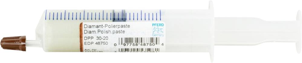 Einweg-Spritze mit Aufschrift 'Diamant-Polierpaste'. Enthält blaue Polierpaste. Geeignet für feine Oberflächenbehandlung.