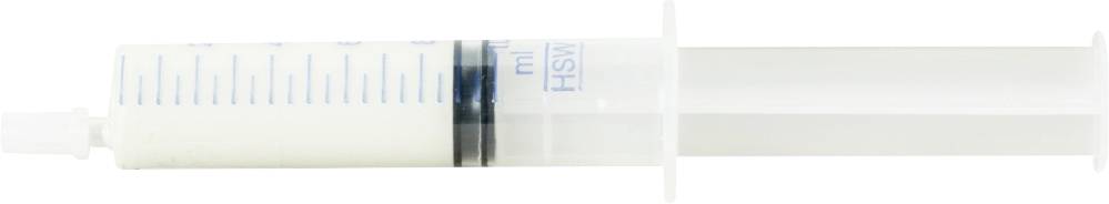 Eine leere Spritze mit abnehmbarem Kolben, horizontal ausgerichtet.