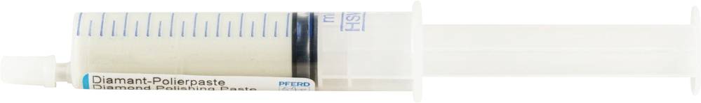 Eine Spritze mit der Aufschrift 'Diamant-Polierpaste', gefüllt mit einer cremigen Substanz.